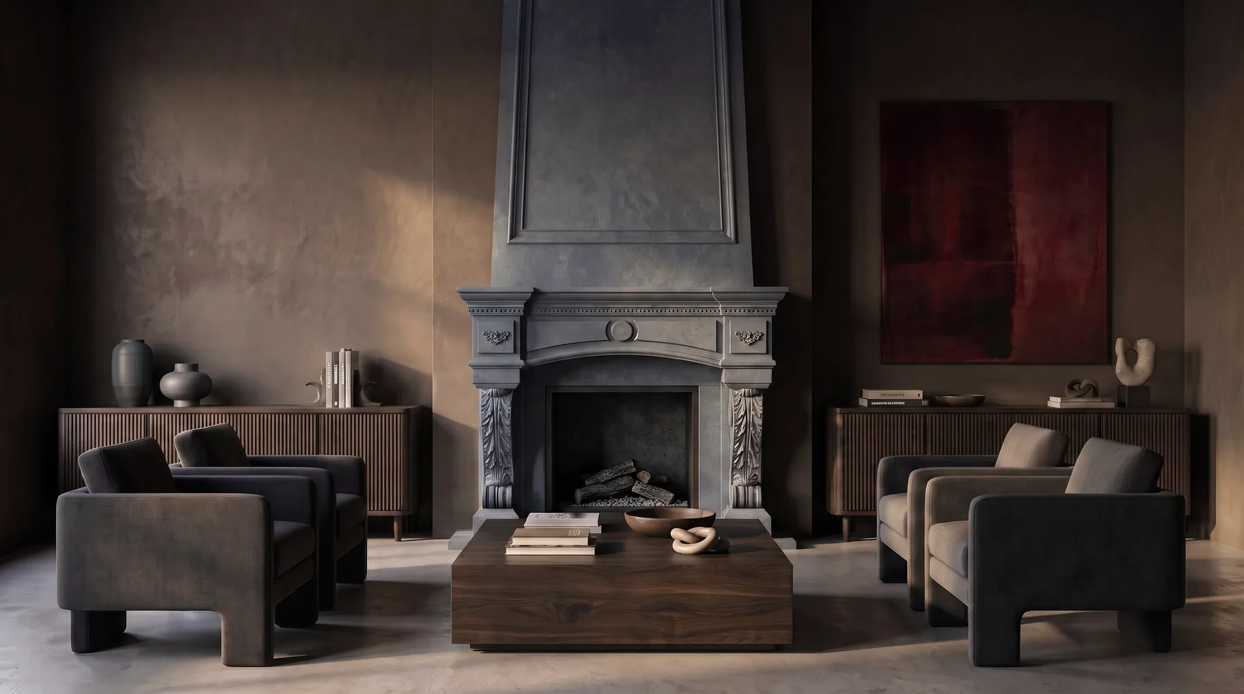 Carved cast stone fireplace with a full-height overmantel in a dark panelled living room