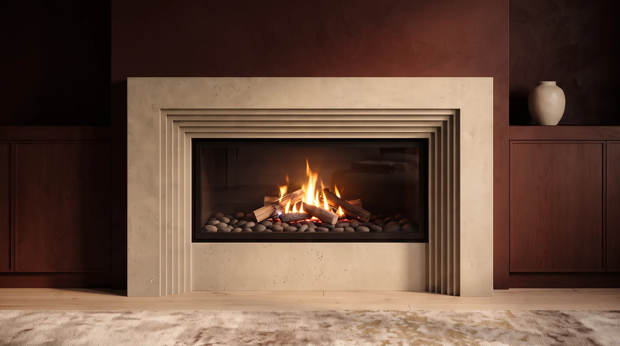 Cast stone fireplace mantel with a stepped surround and linear gas firebox in an oxblood-walled living room