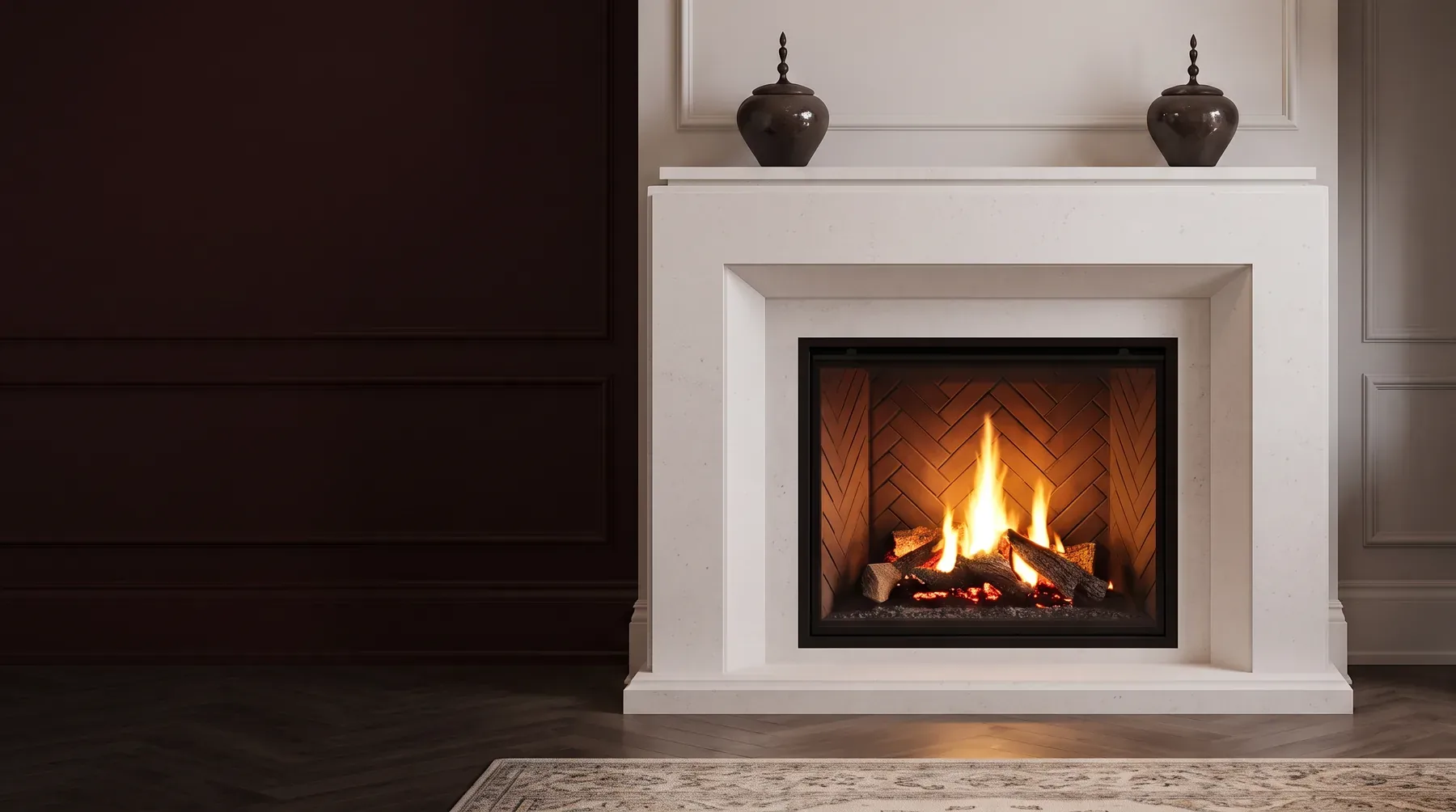 Cast stone fireplace mantel in a dark panelled Toronto living room